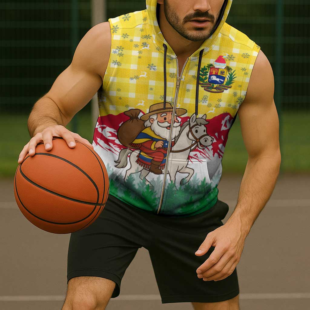 Venezuela Christmas Sleeveless Zip Hoodie with Santa on Horse Traditional Outfit Snowflakes and Yellow Plaid - Wonder Print Shop