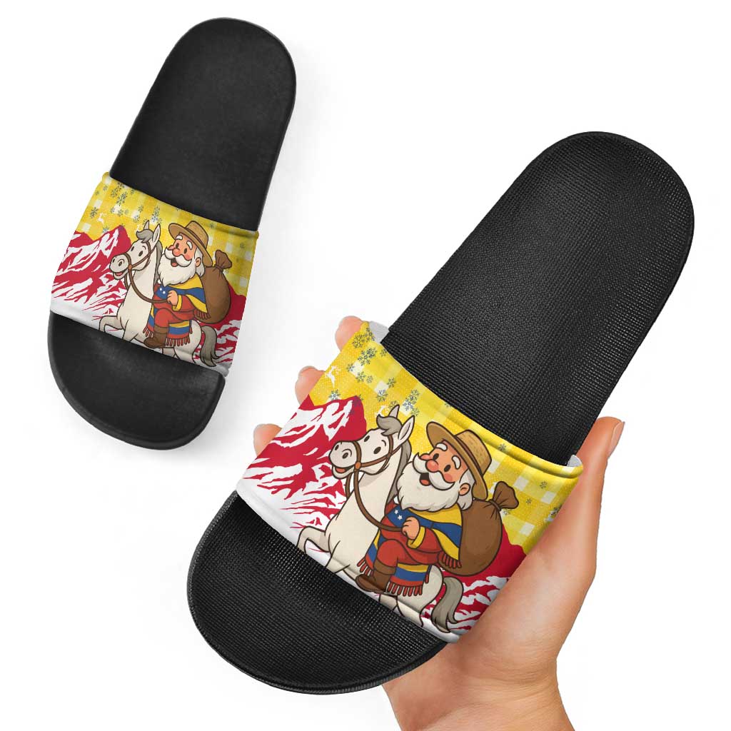 Venezuela Christmas Slide Sandals with Santa on Horse Traditional Outfit Snowflakes and Yellow Plaid - Wonder Print Shop