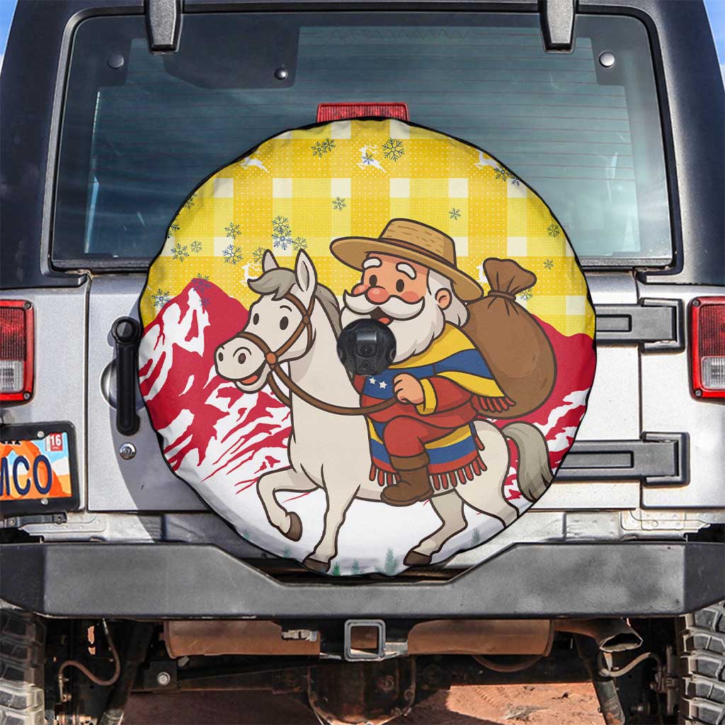 Venezuela Christmas Spare Tire Cover with Santa on Horse Traditional Outfit Snowflakes and Yellow Plaid - Wonder Print Shop