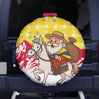 Venezuela Christmas Spare Tire Cover with Santa on Horse Traditional Outfit Snowflakes and Yellow Plaid - Wonder Print Shop