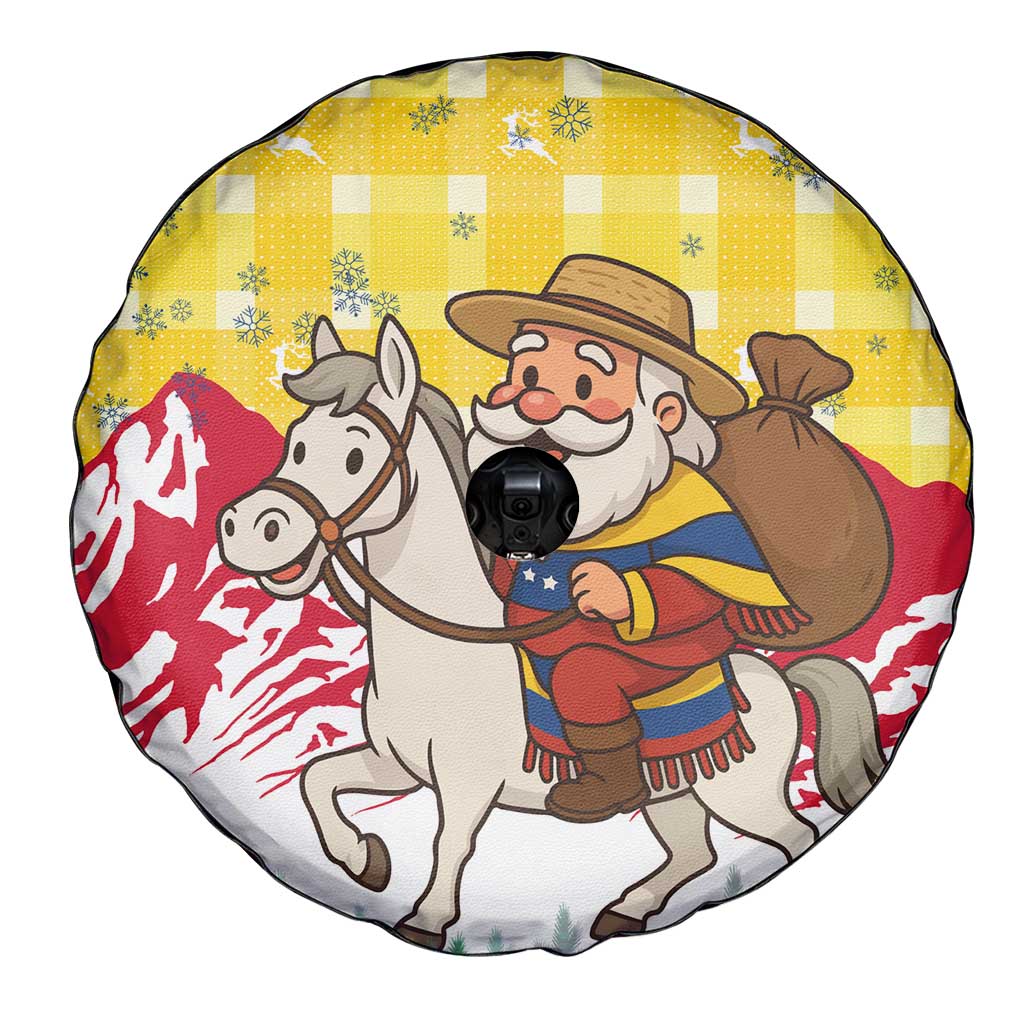 Venezuela Christmas Spare Tire Cover with Santa on Horse Traditional Outfit Snowflakes and Yellow Plaid - Wonder Print Shop