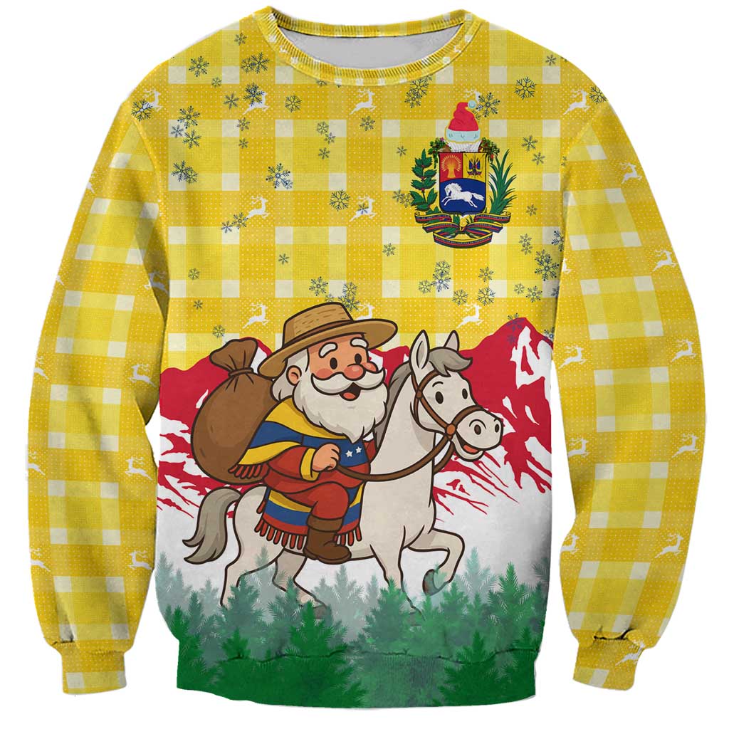 Venezuela Christmas Sweatshirt with Santa on Horse Traditional Outfit Snowflakes and Yellow Plaid - Wonder Print Shop