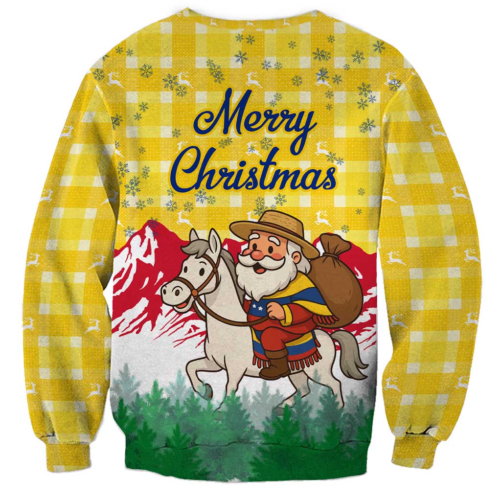 Venezuela Christmas Sweatshirt with Santa on Horse Traditional Outfit Snowflakes and Yellow Plaid - Wonder Print Shop
