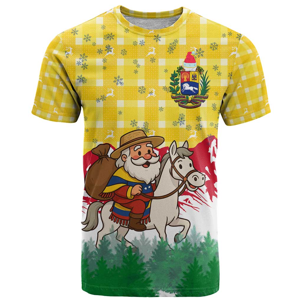 Venezuela Christmas T Shirt with Santa on Horse Traditional Outfit Snowflakes and Yellow Plaid - Wonder Print Shop