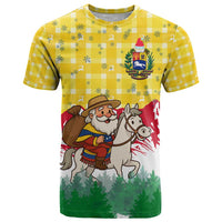 Venezuela Christmas T Shirt with Santa on Horse Traditional Outfit Snowflakes and Yellow Plaid - Wonder Print Shop
