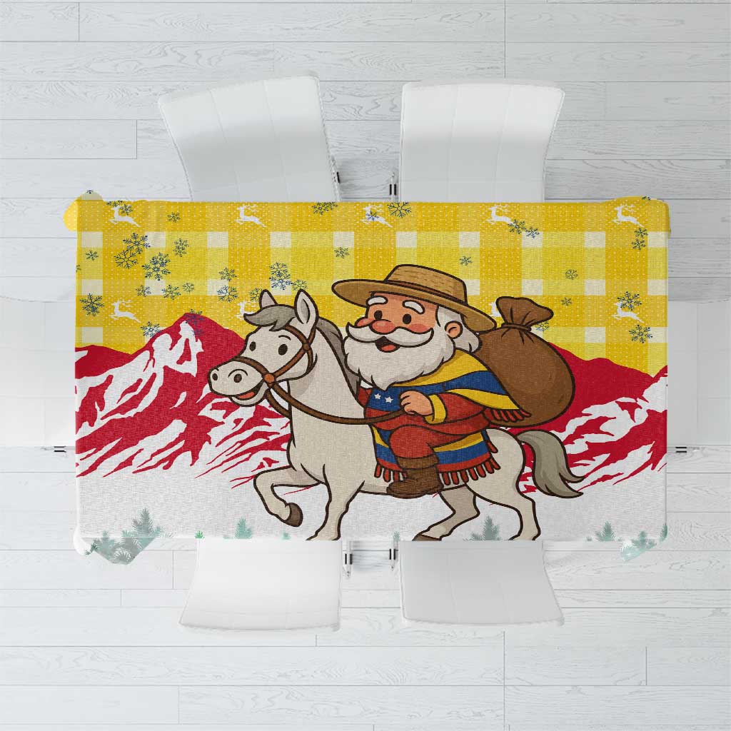 Venezuela Christmas Tablecloth with Santa on Horse Traditional Outfit Snowflakes and Yellow Plaid - Wonder Print Shop