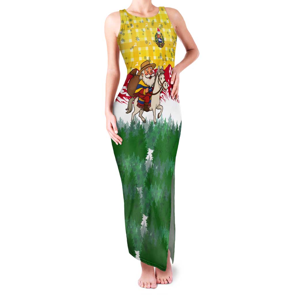 Venezuela Christmas Tank Maxi Dress with Santa on Horse Traditional Outfit Snowflakes and Yellow Plaid - Wonder Print Shop