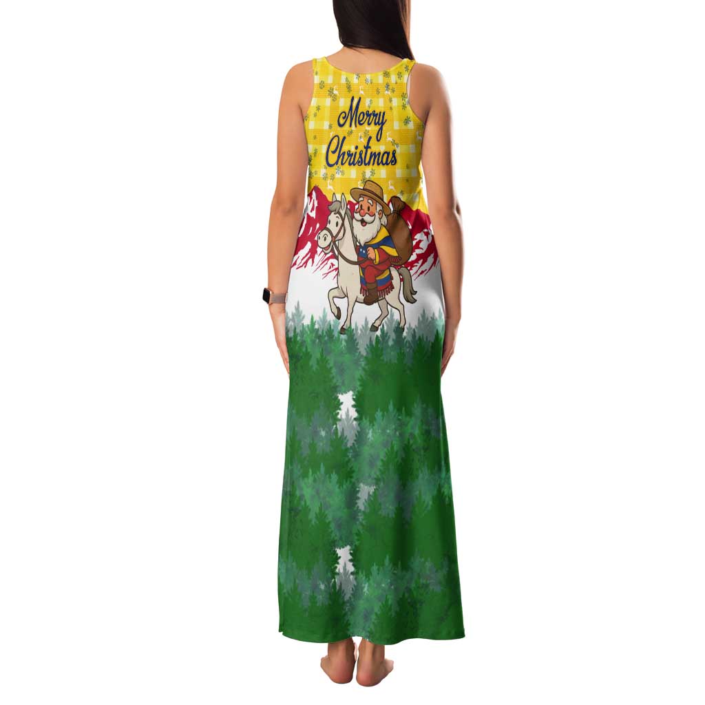 Venezuela Christmas Tank Maxi Dress with Santa on Horse Traditional Outfit Snowflakes and Yellow Plaid - Wonder Print Shop