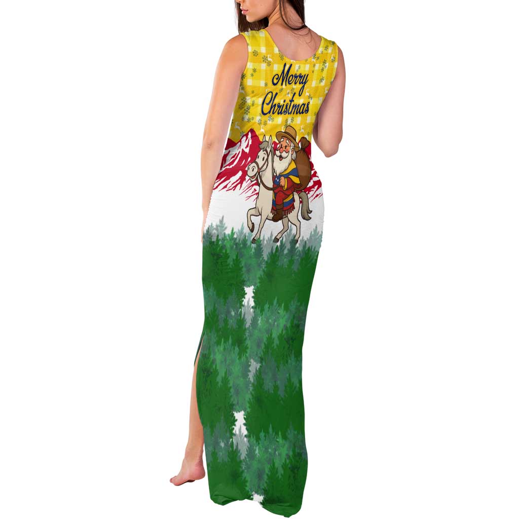 Venezuela Christmas Tank Maxi Dress with Santa on Horse Traditional Outfit Snowflakes and Yellow Plaid - Wonder Print Shop