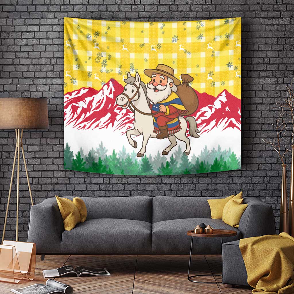 Venezuela Christmas Tapestry with Santa on Horse Traditional Outfit Snowflakes and Yellow Plaid - Wonder Print Shop