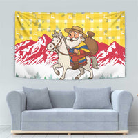 Venezuela Christmas Tapestry with Santa on Horse Traditional Outfit Snowflakes and Yellow Plaid - Wonder Print Shop