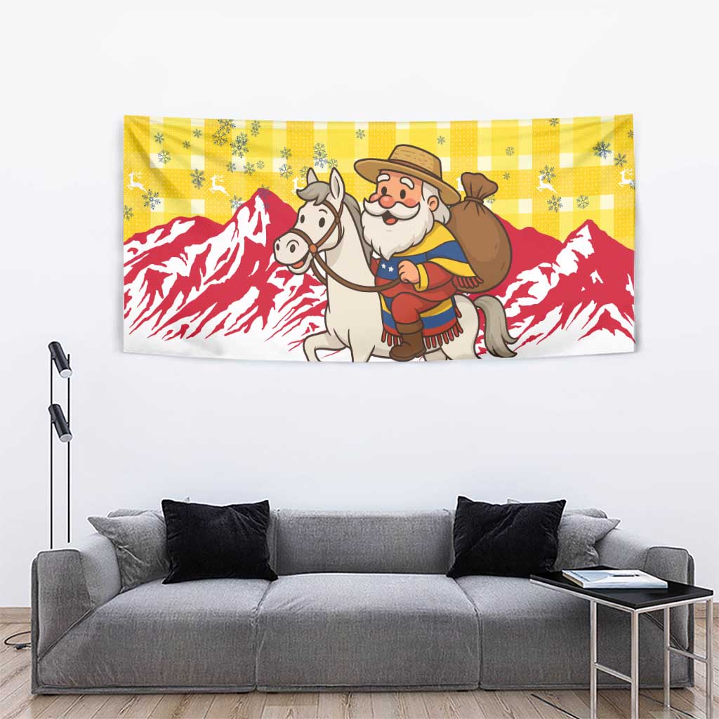 Venezuela Christmas Tapestry with Santa on Horse Traditional Outfit Snowflakes and Yellow Plaid - Wonder Print Shop