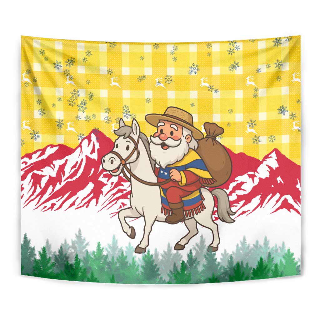 Venezuela Christmas Tapestry with Santa on Horse Traditional Outfit Snowflakes and Yellow Plaid - Wonder Print Shop