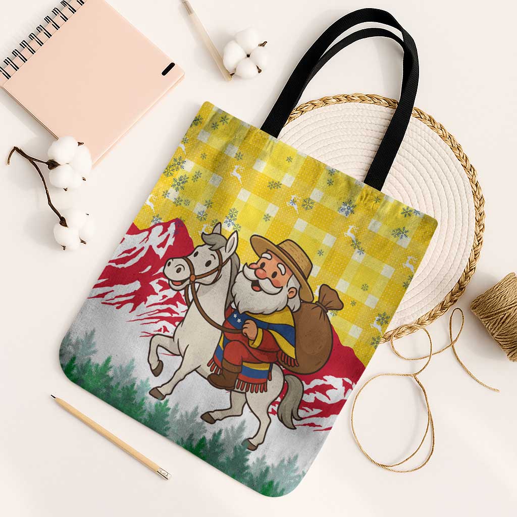 Venezuela Christmas Tote Bag with Santa on Horse Traditional Outfit Snowflakes and Yellow Plaid - Wonder Print Shop