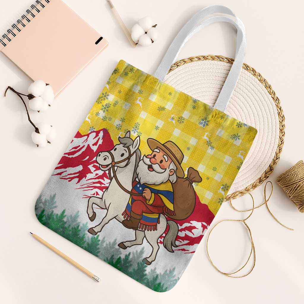Venezuela Christmas Tote Bag with Santa on Horse Traditional Outfit Snowflakes and Yellow Plaid - Wonder Print Shop