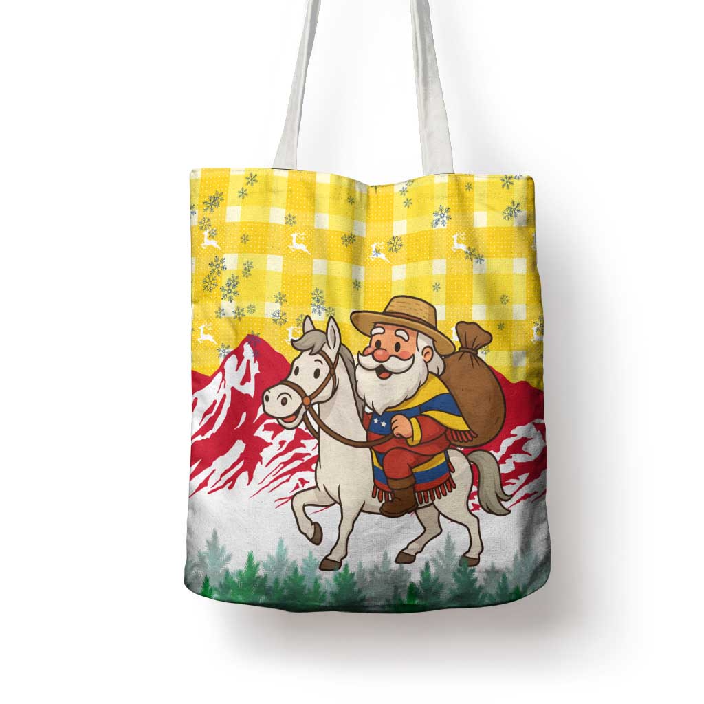 Venezuela Christmas Tote Bag with Santa on Horse Traditional Outfit Snowflakes and Yellow Plaid - Wonder Print Shop