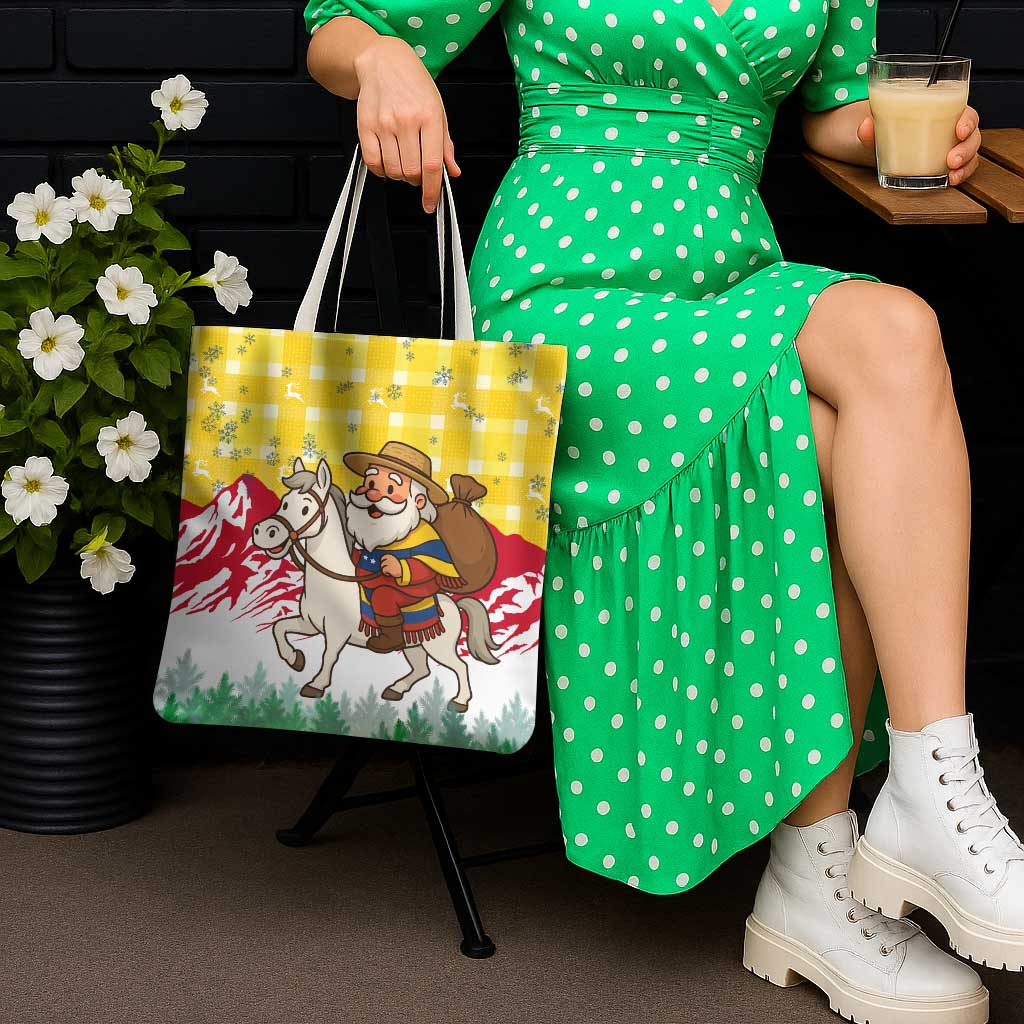 Venezuela Christmas Tote Bag with Santa on Horse Traditional Outfit Snowflakes and Yellow Plaid - Wonder Print Shop