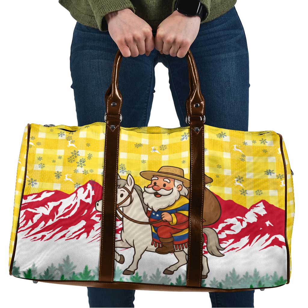 Venezuela Christmas Travel Bag with Santa on Horse Traditional Outfit Snowflakes and Yellow Plaid - Wonder Print Shop