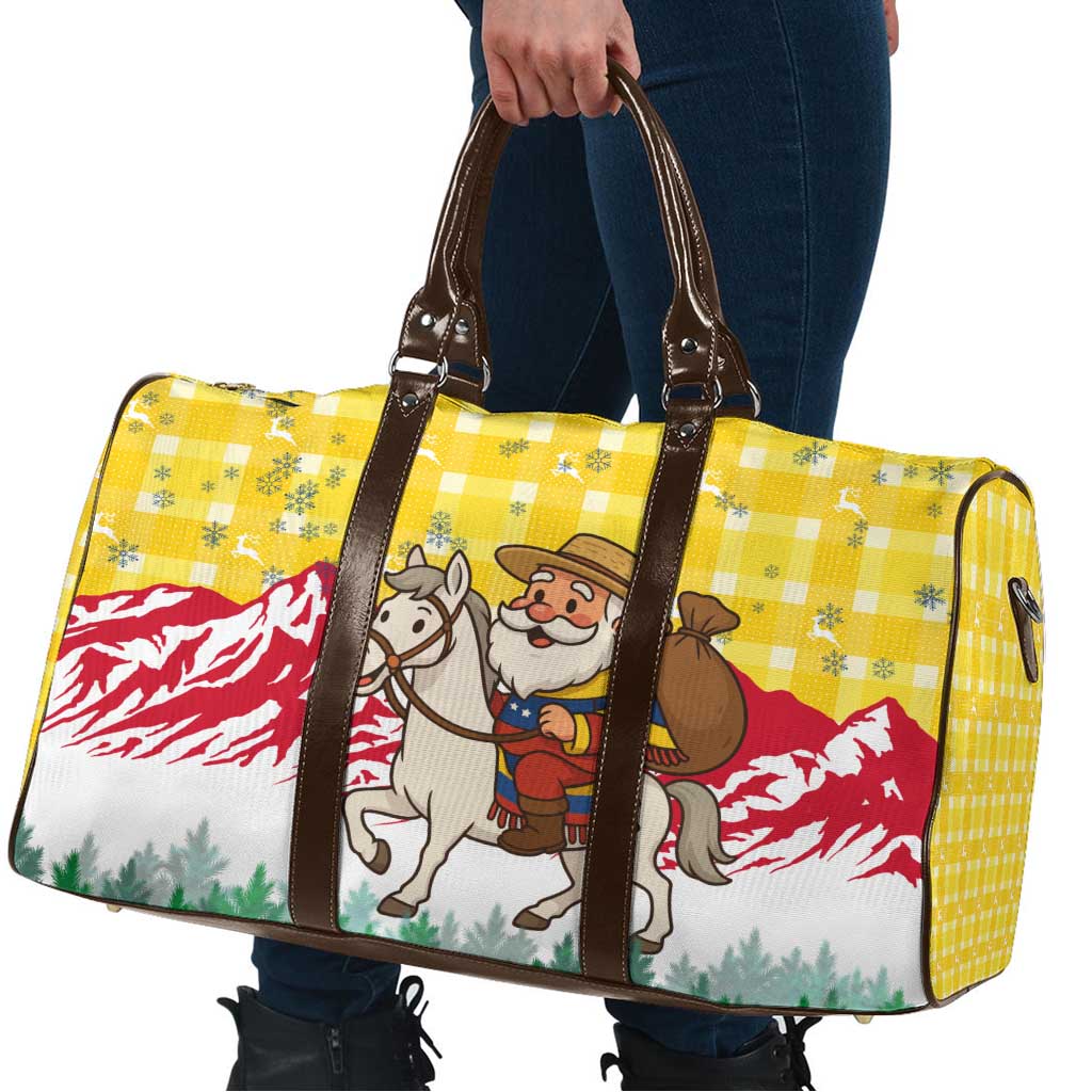 Venezuela Christmas Travel Bag with Santa on Horse Traditional Outfit Snowflakes and Yellow Plaid - Wonder Print Shop