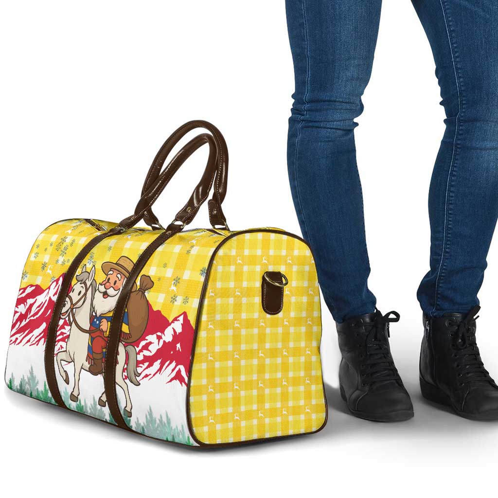 Venezuela Christmas Travel Bag with Santa on Horse Traditional Outfit Snowflakes and Yellow Plaid - Wonder Print Shop