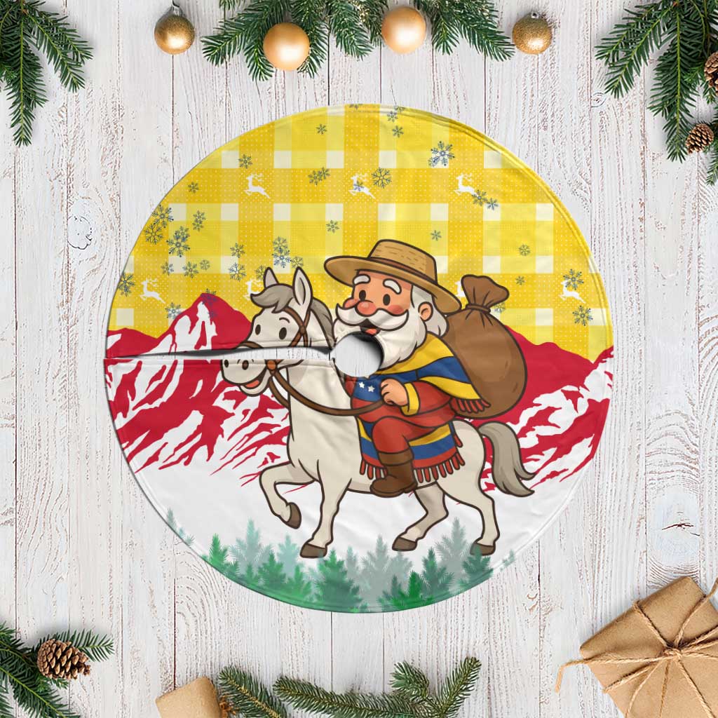 Venezuela Christmas Tree Skirt with Santa on Horse Traditional Outfit Snowflakes and Yellow Plaid - Wonder Print Shop