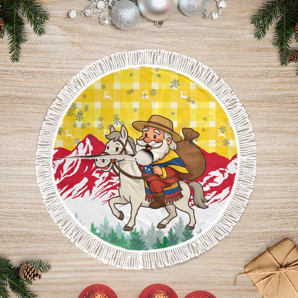 Venezuela Christmas Tree Skirt with Santa on Horse Traditional Outfit Snowflakes and Yellow Plaid - Wonder Print Shop