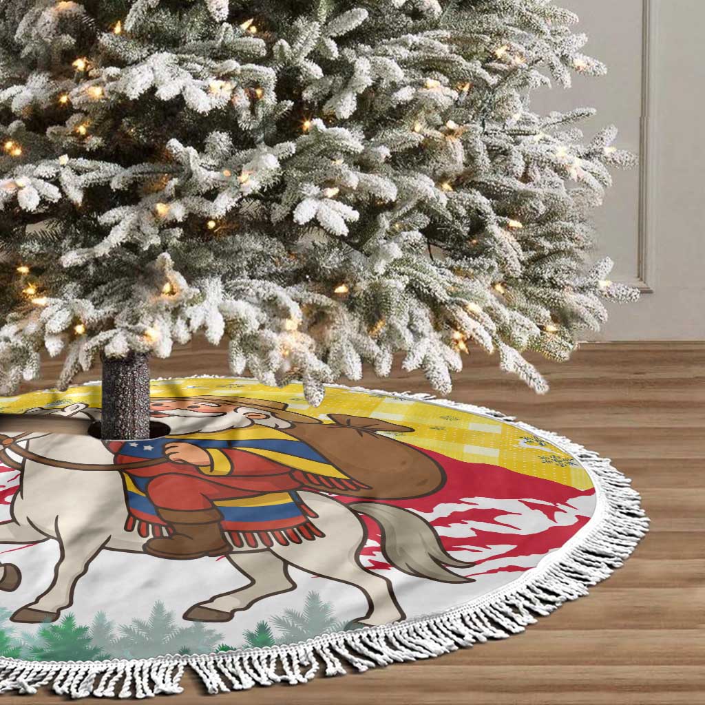 Venezuela Christmas Tree Skirt with Santa on Horse Traditional Outfit Snowflakes and Yellow Plaid - Wonder Print Shop
