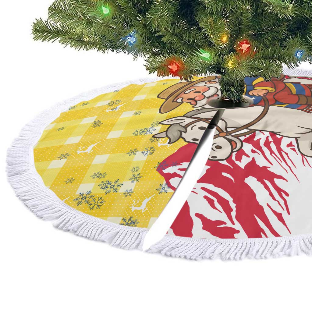 Venezuela Christmas Tree Skirt with Santa on Horse Traditional Outfit Snowflakes and Yellow Plaid - Wonder Print Shop