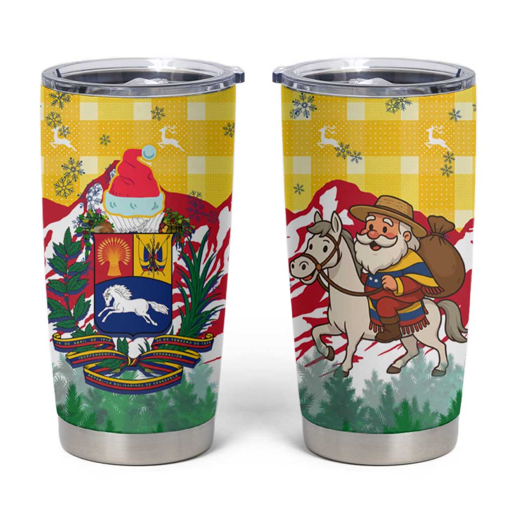 Venezuela Christmas Tumbler Cup with Santa on Horse Traditional Outfit Snowflakes and Yellow Plaid - Wonder Print Shop