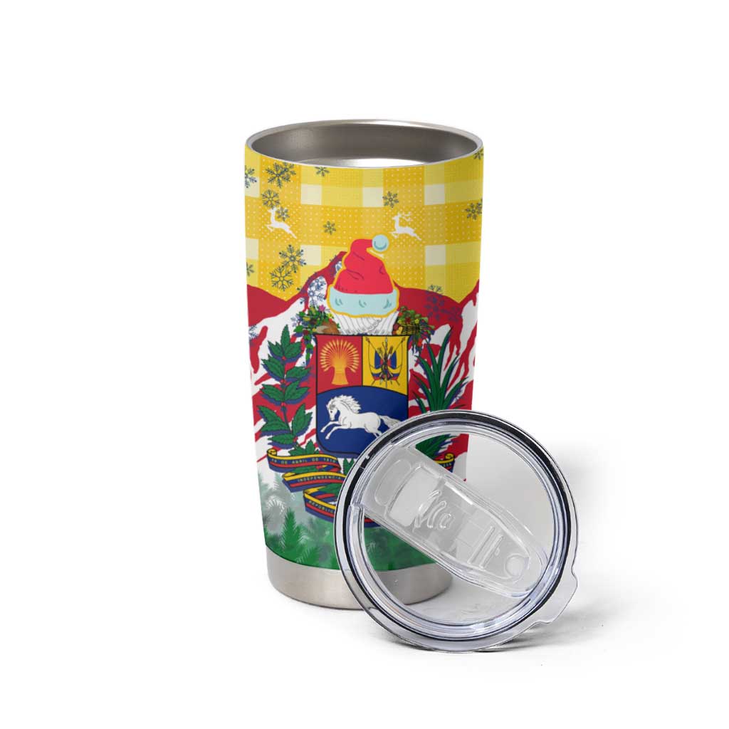 Venezuela Christmas Tumbler Cup with Santa on Horse Traditional Outfit Snowflakes and Yellow Plaid - Wonder Print Shop
