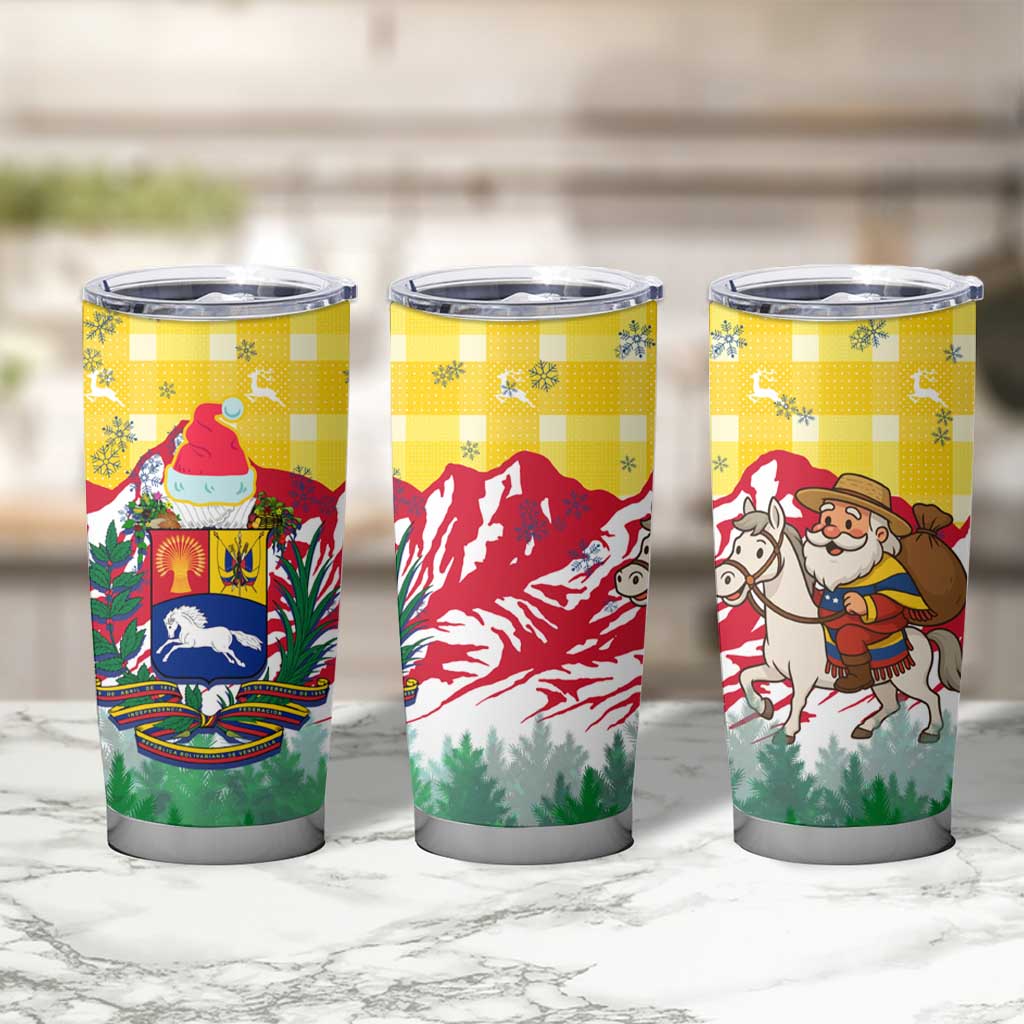 Venezuela Christmas Tumbler Cup with Santa on Horse Traditional Outfit Snowflakes and Yellow Plaid - Wonder Print Shop