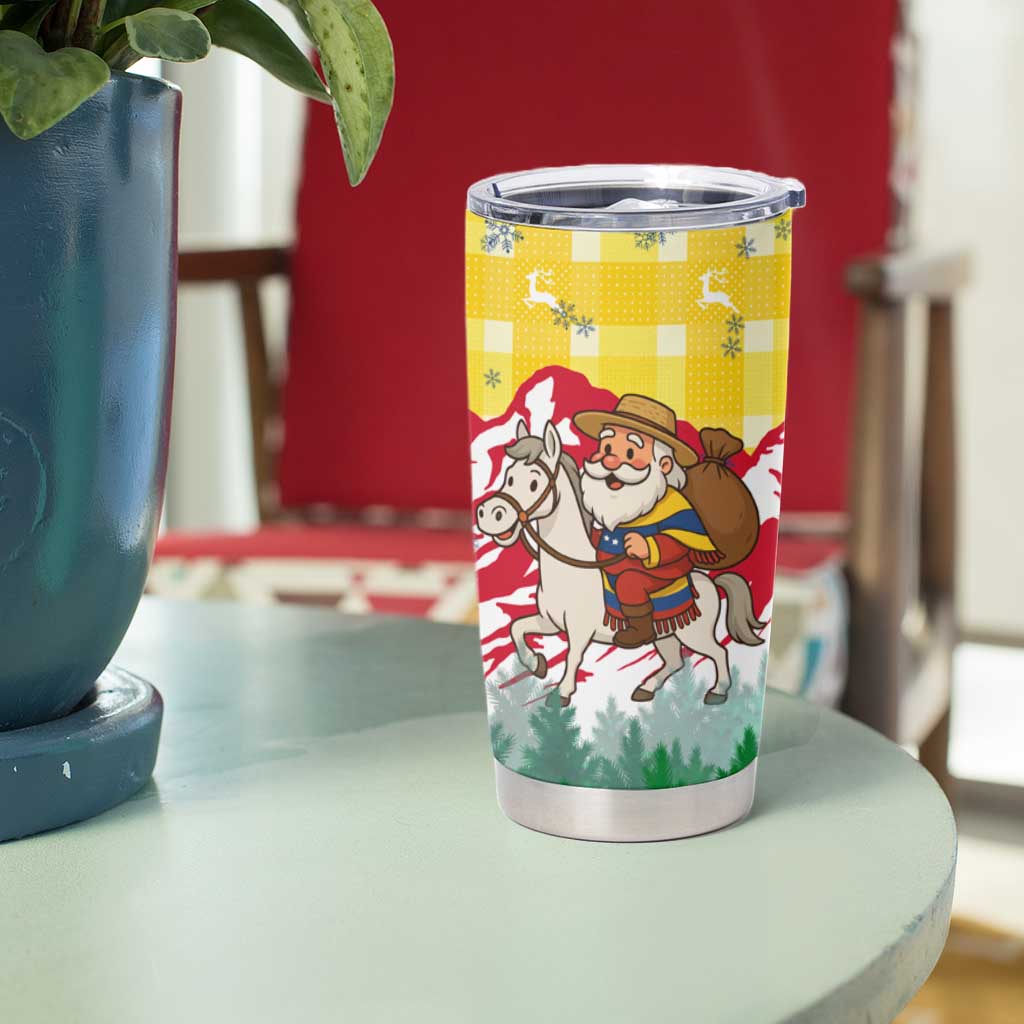 Venezuela Christmas Tumbler Cup with Santa on Horse Traditional Outfit Snowflakes and Yellow Plaid - Wonder Print Shop