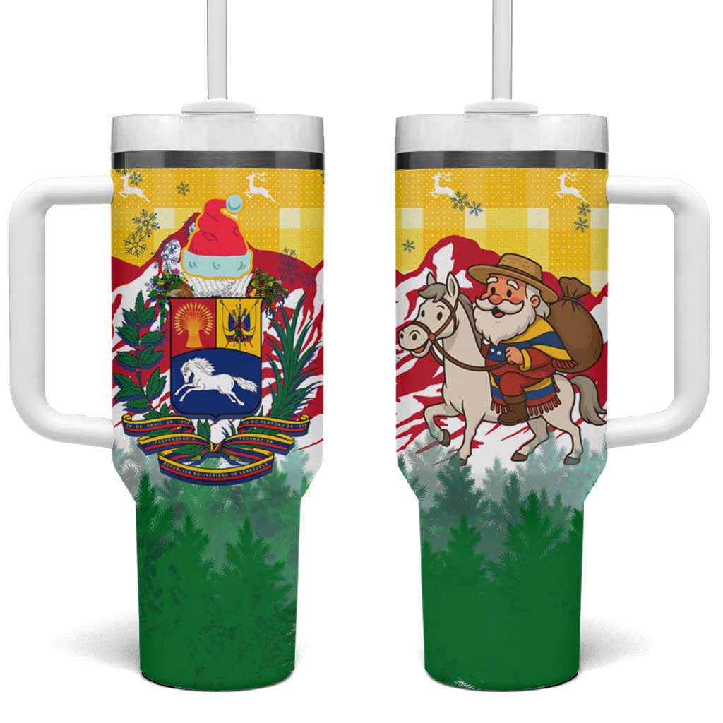 Venezuela Christmas Tumbler With Handle with Santa on Horse Traditional Outfit Snowflakes and Yellow Plaid - Wonder Print Shop