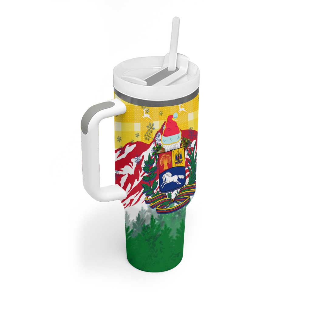 Venezuela Christmas Tumbler With Handle with Santa on Horse Traditional Outfit Snowflakes and Yellow Plaid - Wonder Print Shop