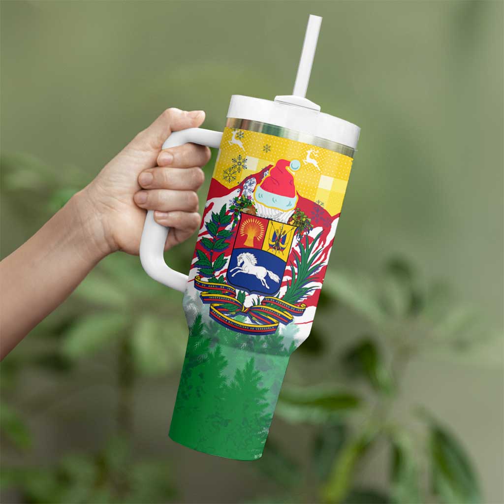 Venezuela Christmas Tumbler With Handle with Santa on Horse Traditional Outfit Snowflakes and Yellow Plaid - Wonder Print Shop