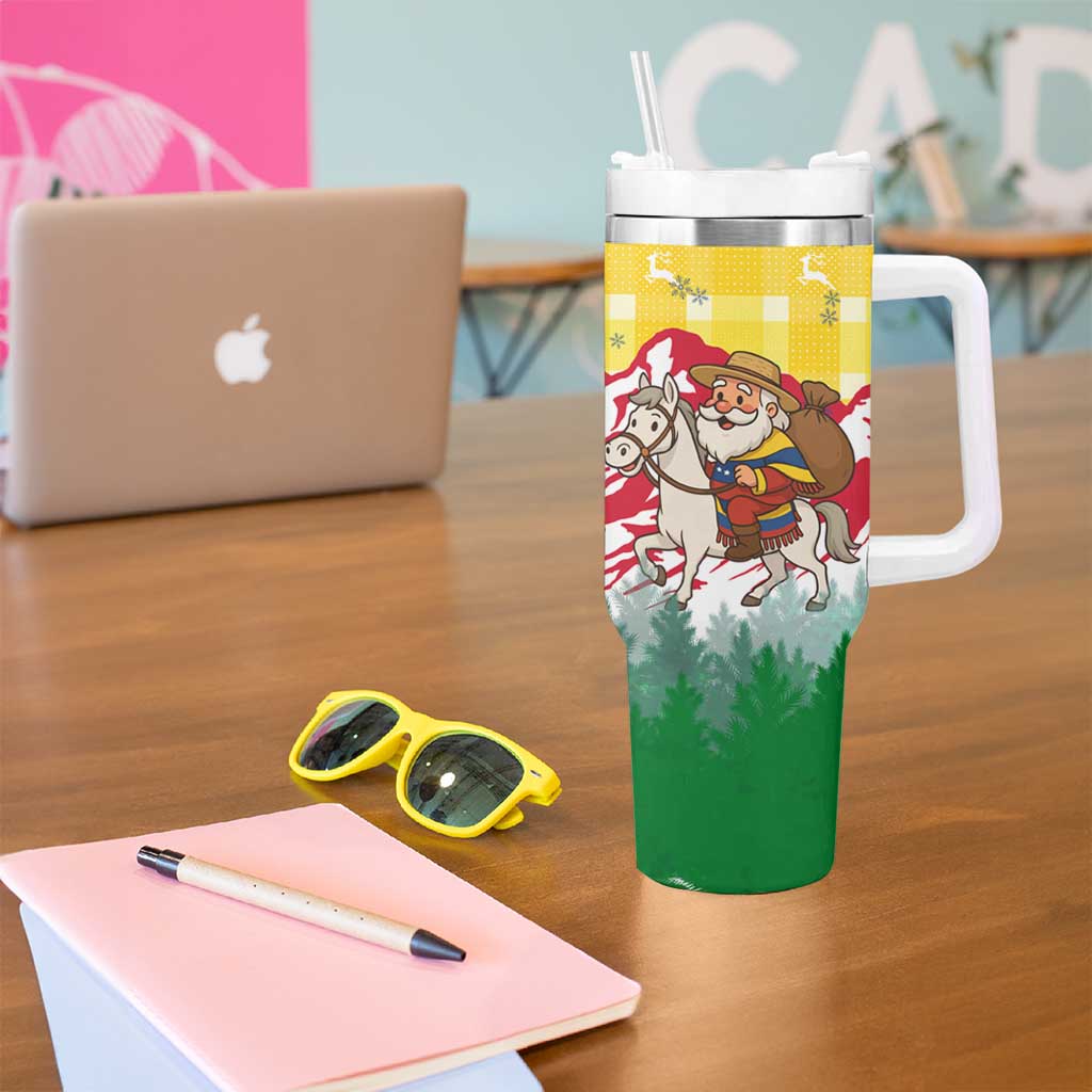 Venezuela Christmas Tumbler With Handle with Santa on Horse Traditional Outfit Snowflakes and Yellow Plaid - Wonder Print Shop