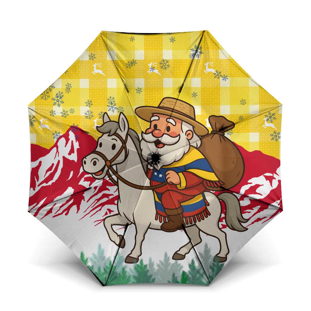 Venezuela Christmas Umbrella with Santa on Horse Traditional Outfit Snowflakes and Yellow Plaid - Wonder Print Shop