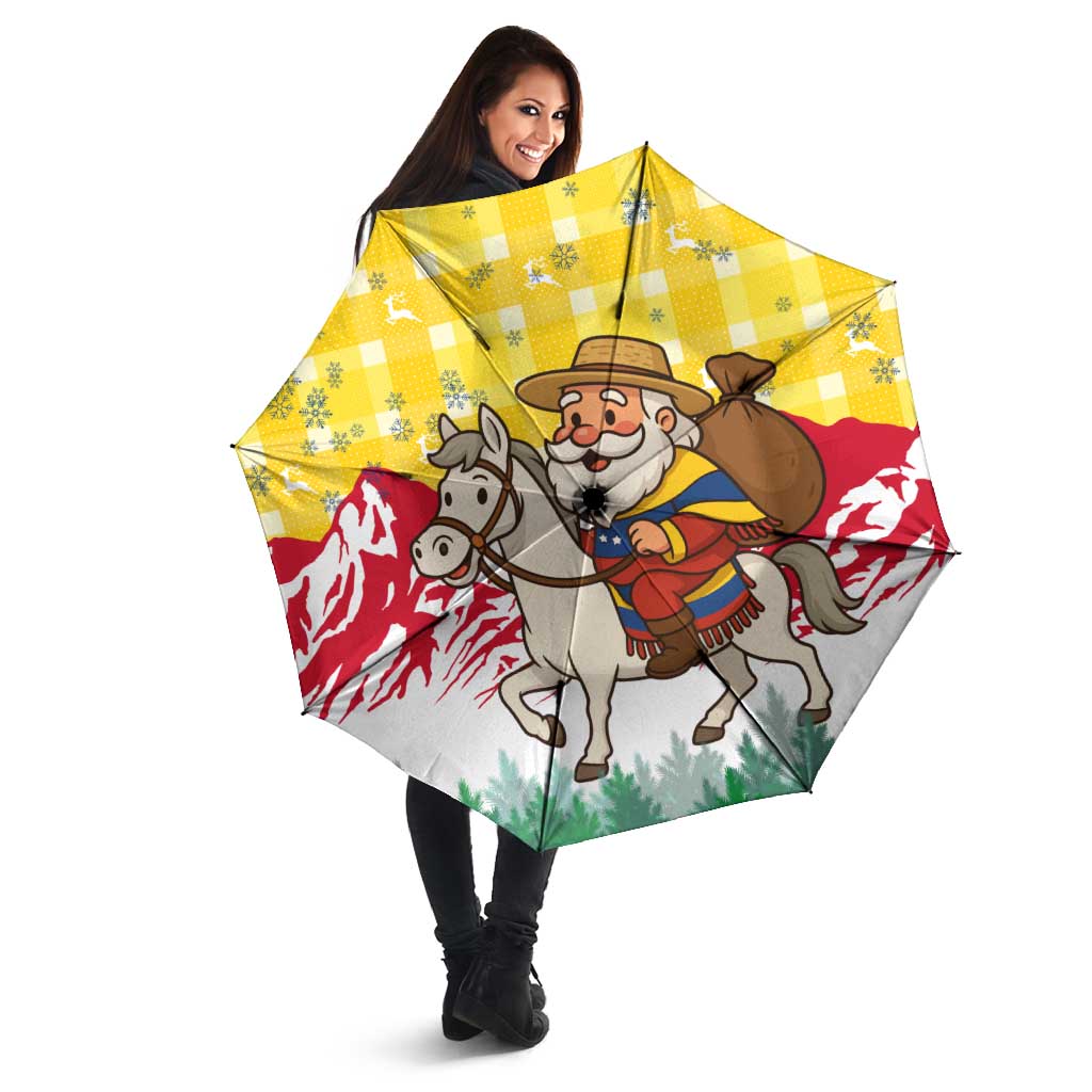 Venezuela Christmas Umbrella with Santa on Horse Traditional Outfit Snowflakes and Yellow Plaid - Wonder Print Shop