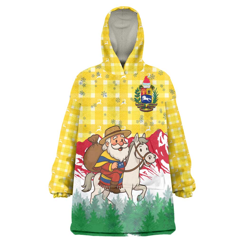 Venezuela Christmas Wearable Blanket Hoodie with Santa on Horse Traditional Outfit Snowflakes and Yellow Plaid - Wonder Print Shop