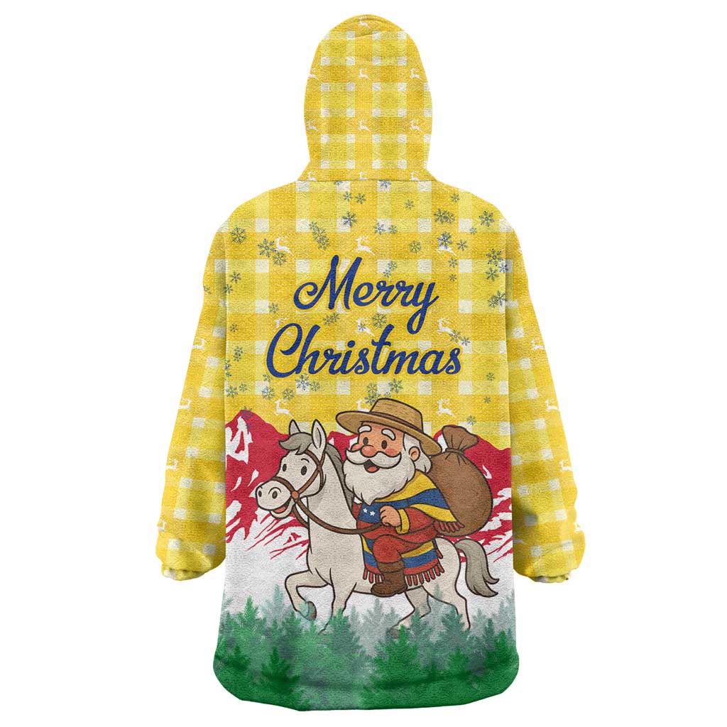 Venezuela Christmas Wearable Blanket Hoodie with Santa on Horse Traditional Outfit Snowflakes and Yellow Plaid - Wonder Print Shop