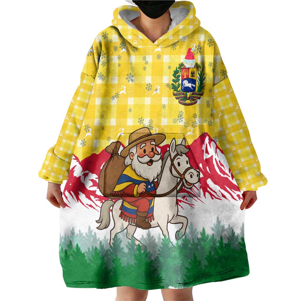 Venezuela Christmas Wearable Blanket Hoodie with Santa on Horse Traditional Outfit Snowflakes and Yellow Plaid - Wonder Print Shop
