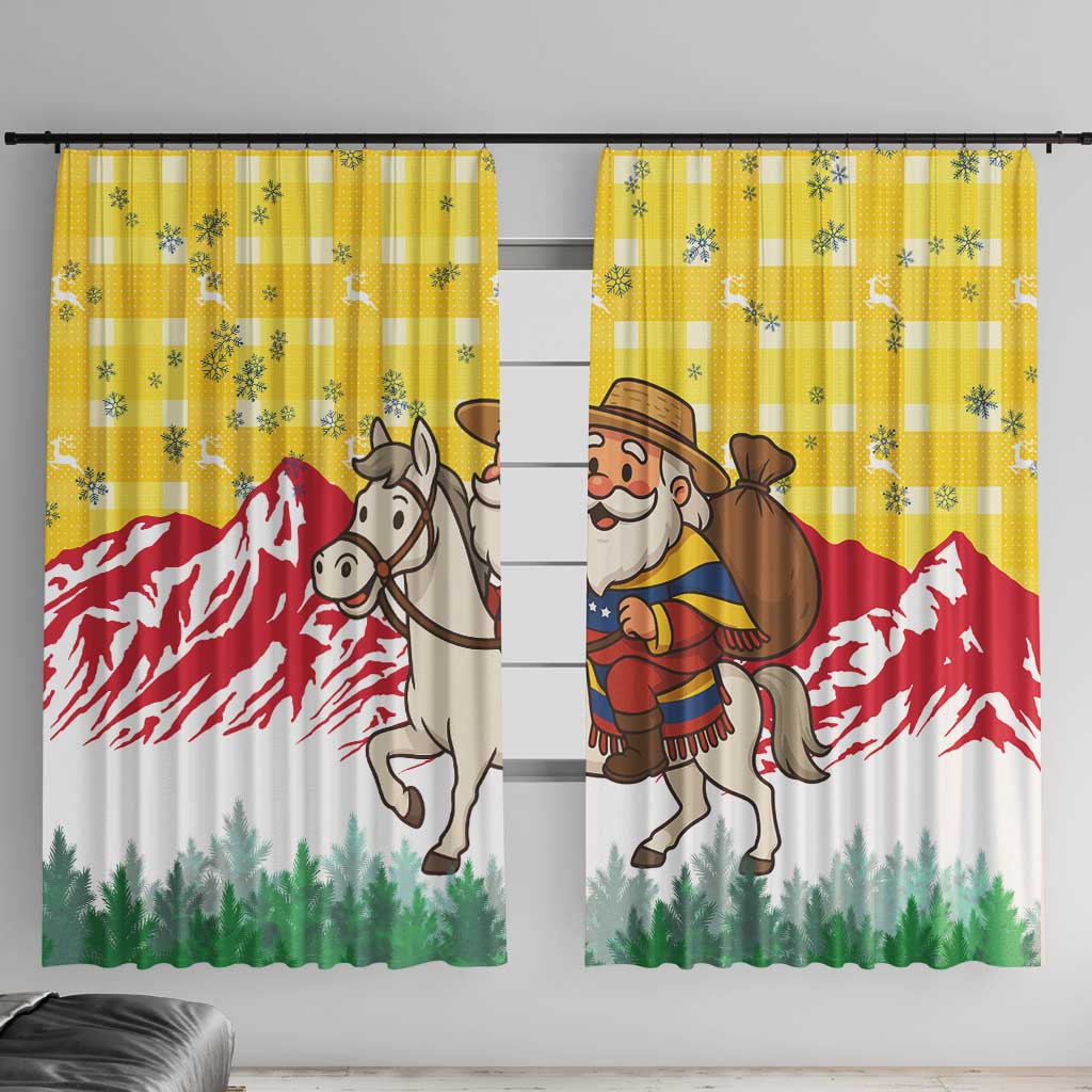 Venezuela Christmas Window Curtain with Santa on Horse Traditional Outfit Snowflakes and Yellow Plaid - Wonder Print Shop