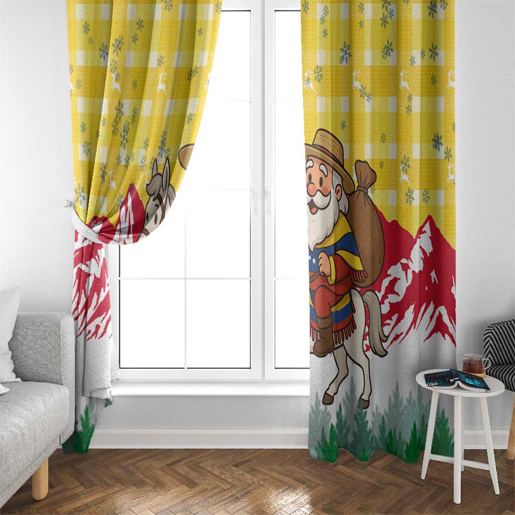 Venezuela Christmas Window Curtain with Santa on Horse Traditional Outfit Snowflakes and Yellow Plaid - Wonder Print Shop