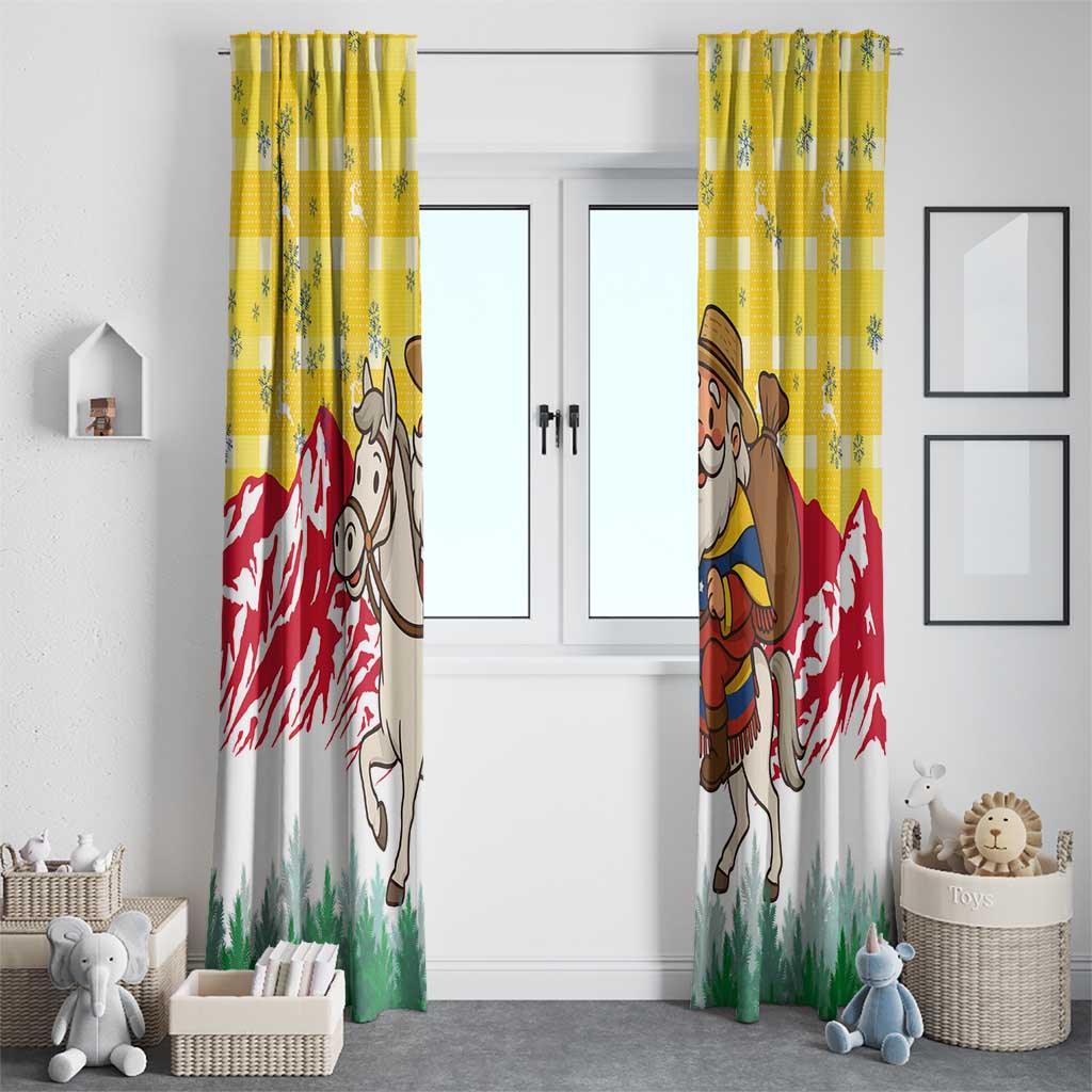 Venezuela Christmas Window Curtain with Santa on Horse Traditional Outfit Snowflakes and Yellow Plaid - Wonder Print Shop