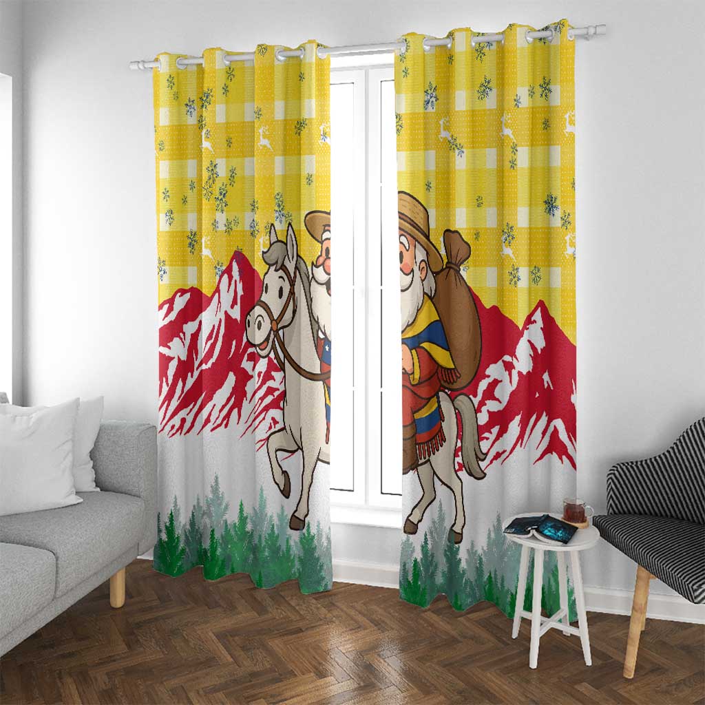 Venezuela Christmas Window Curtain with Santa on Horse Traditional Outfit Snowflakes and Yellow Plaid - Wonder Print Shop