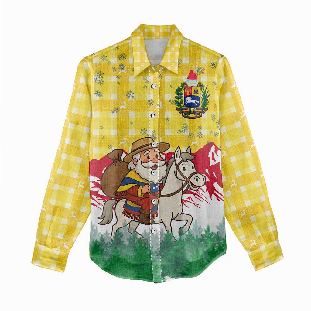 Venezuela Christmas Women Casual Shirt with Santa on Horse Traditional Outfit Snowflakes and Yellow Plaid - Wonder Print Shop