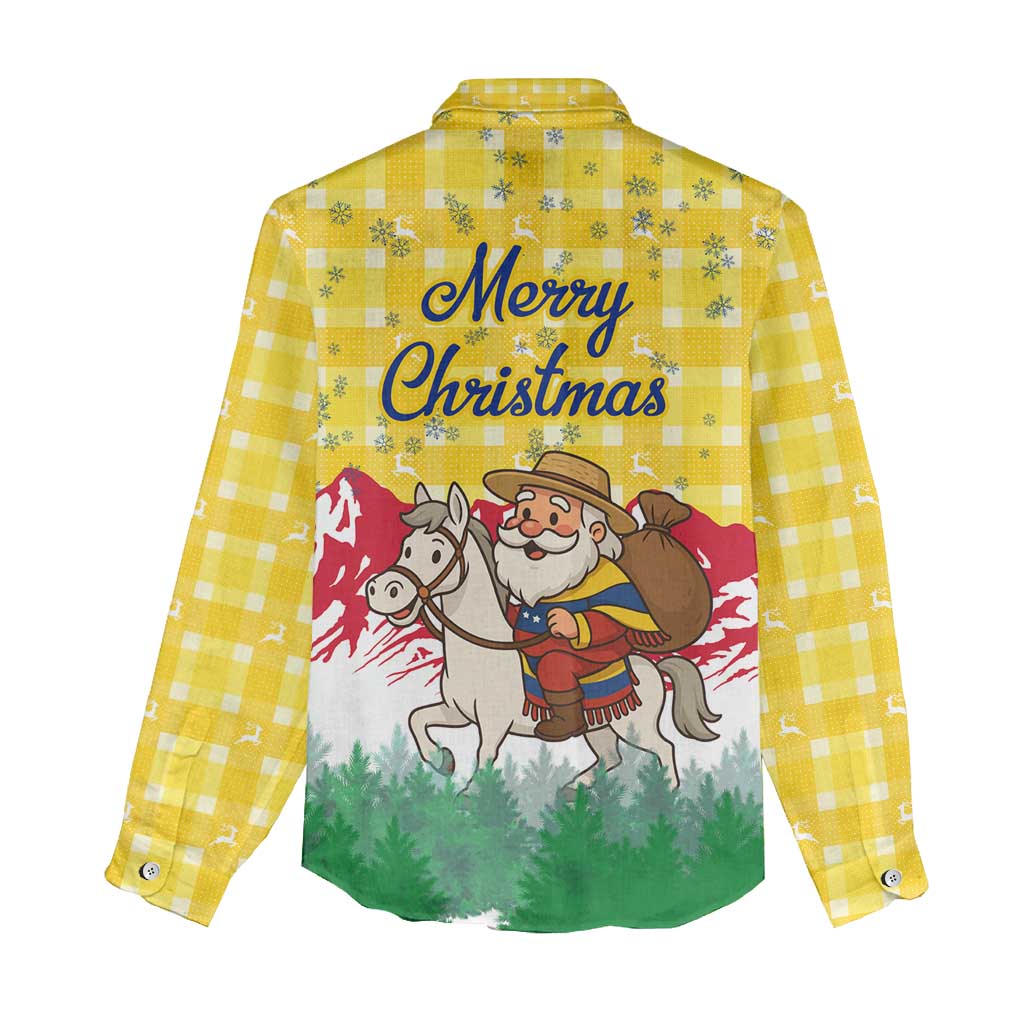 Venezuela Christmas Women Casual Shirt with Santa on Horse Traditional Outfit Snowflakes and Yellow Plaid - Wonder Print Shop