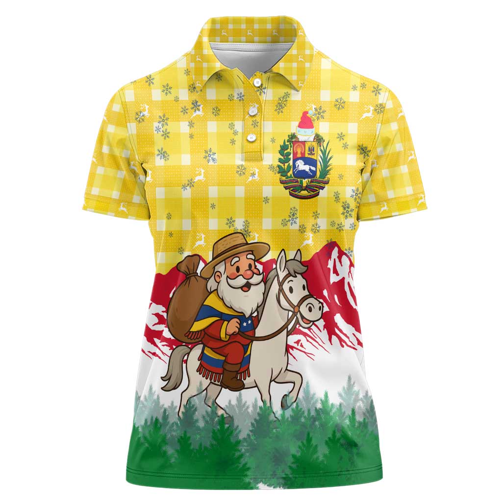 Venezuela Christmas Women Polo Shirt with Santa on Horse Traditional Outfit Snowflakes and Yellow Plaid - Wonder Print Shop