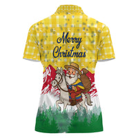 Venezuela Christmas Women Polo Shirt with Santa on Horse Traditional Outfit Snowflakes and Yellow Plaid - Wonder Print Shop
