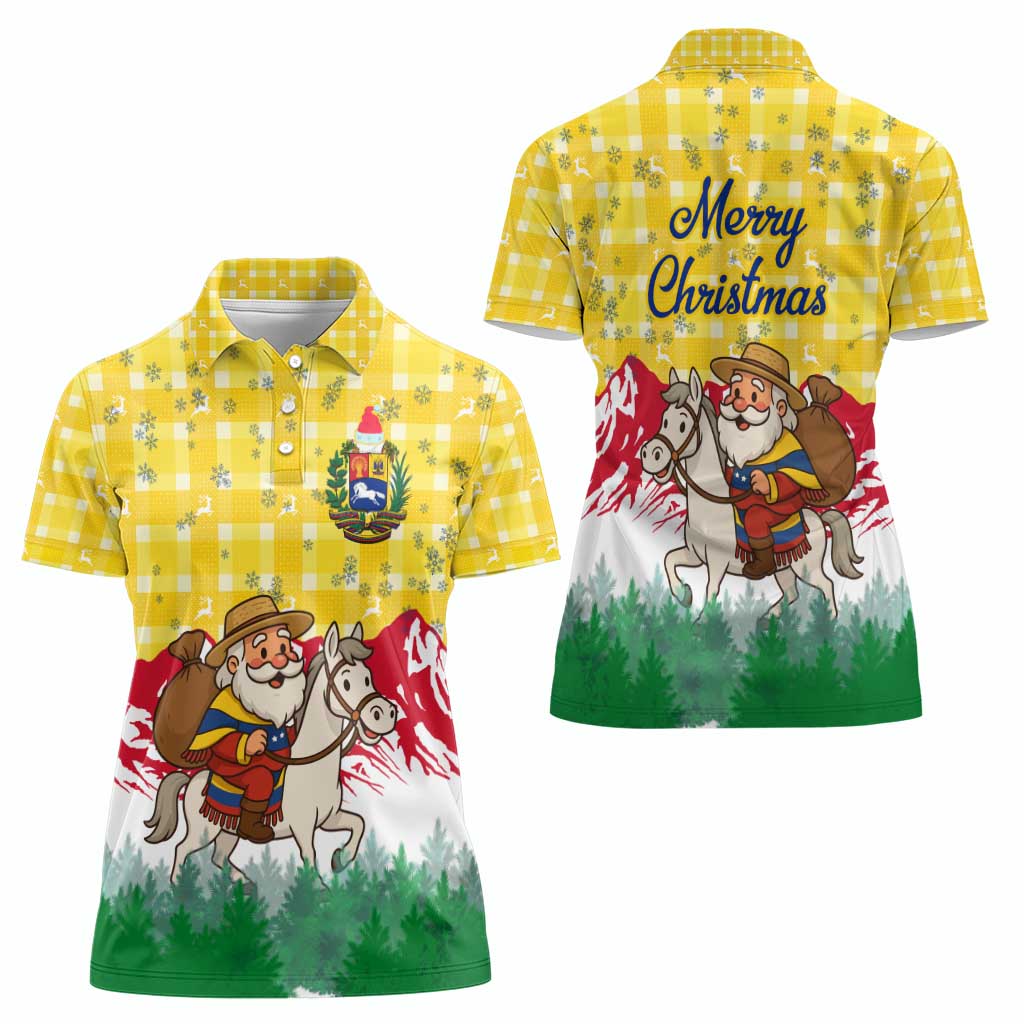 Venezuela Christmas Women Polo Shirt with Santa on Horse Traditional Outfit Snowflakes and Yellow Plaid - Wonder Print Shop